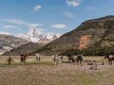 Caballos ensillados listos para salir en Estancia Bonanza, con el Fitz Roy de fondo